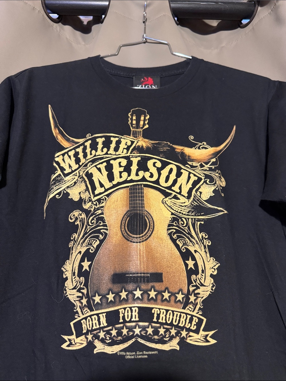 Zion Rootswear Black Tee with Gold Willie Nelson Guitar Graphic